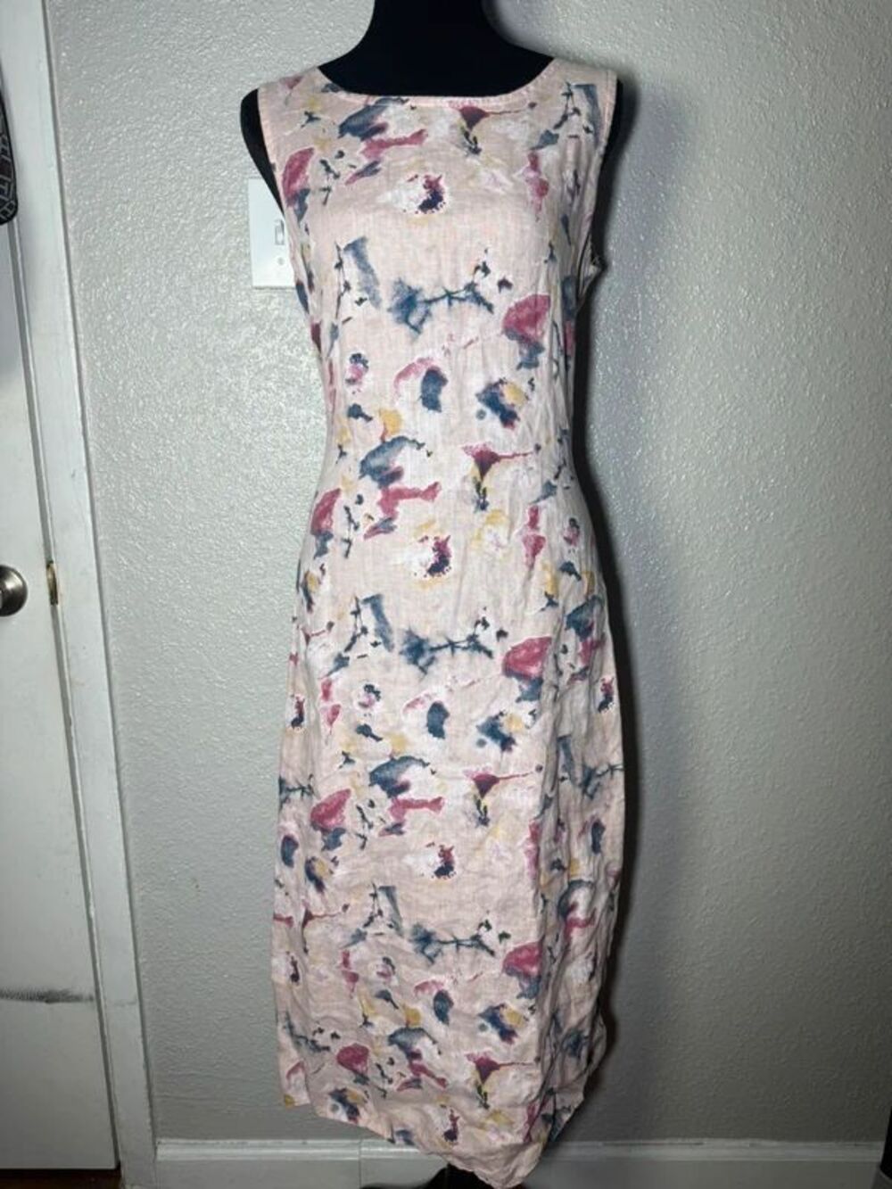 Bellambia womens 100% linen abstract print midi dress tie waist xs